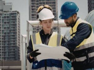 Two construction workers in hard hats and reflective vests review blueprints on a rooftop with city buildings behind.
