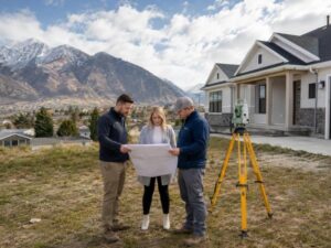 Mortgage survey in Provo UT showing a surveyor and property team reviewing site information before a real estate closing.