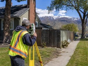 Boundary Survey professional measuring an established residential property in Provo Utah